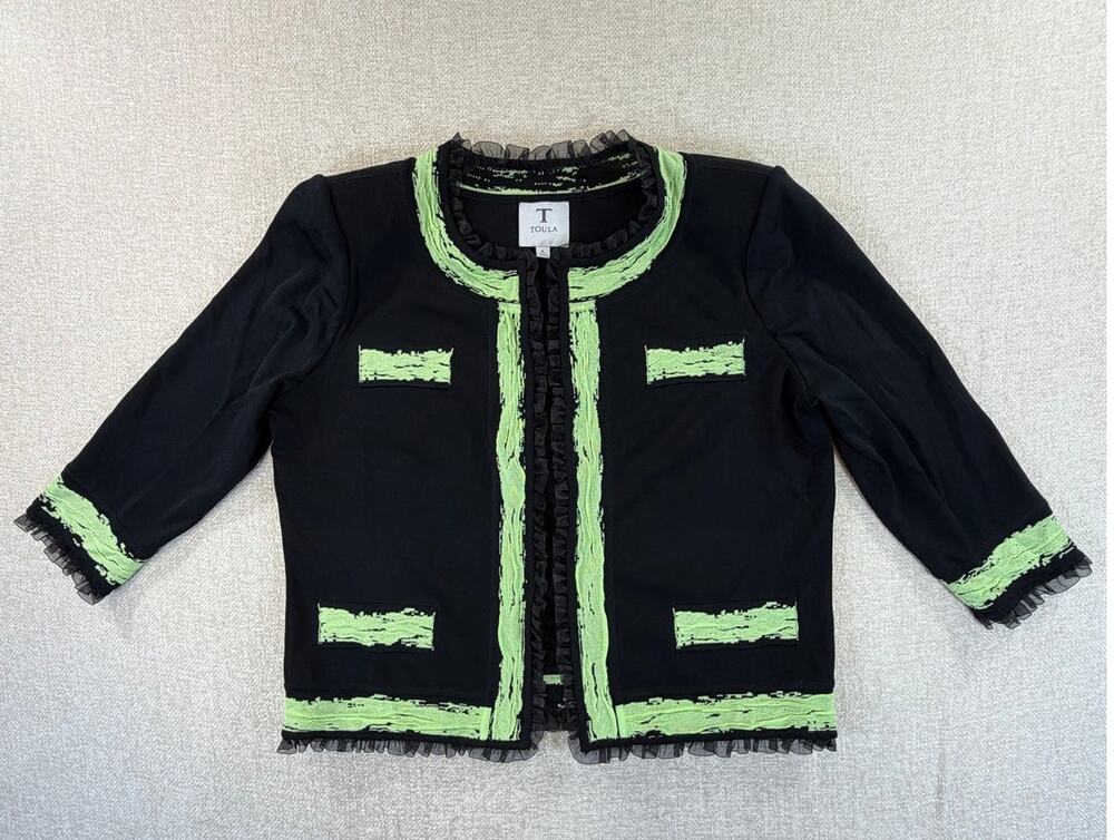 Toula Women Large Black Green Knit 3/4 Sleeve Open Front Office Blazer Jacket
